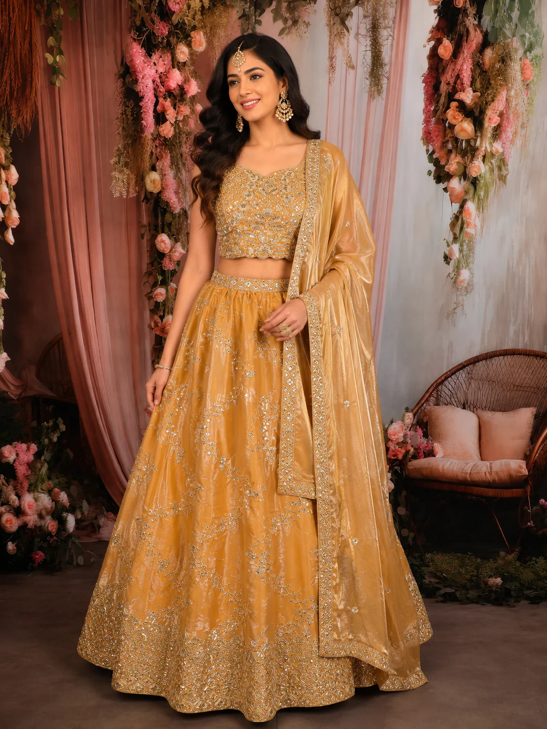 Mustard Gold Floral Sequins and Zari Embroidered Design Tissue Silk Lehenga with Dupatta